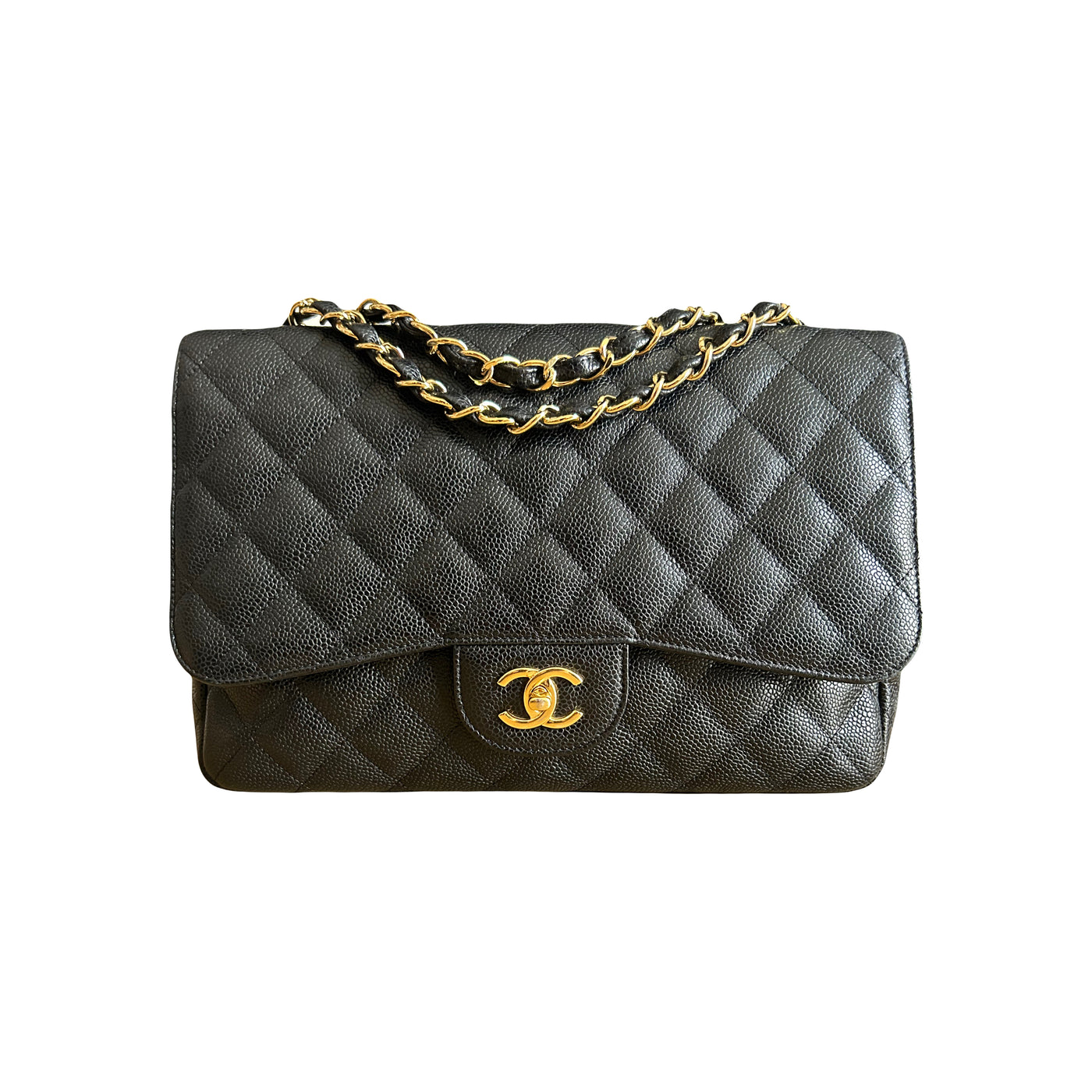 CHANEL Classic Jumbo Caviar single flap handbag with gold hardware