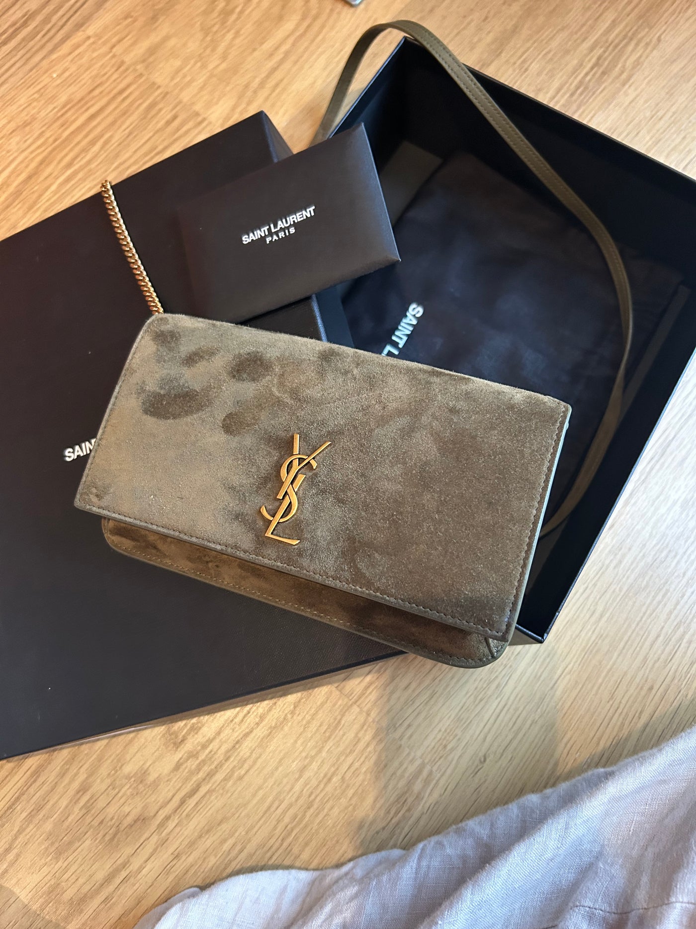 SAINT LAURENT suede phone holder with box