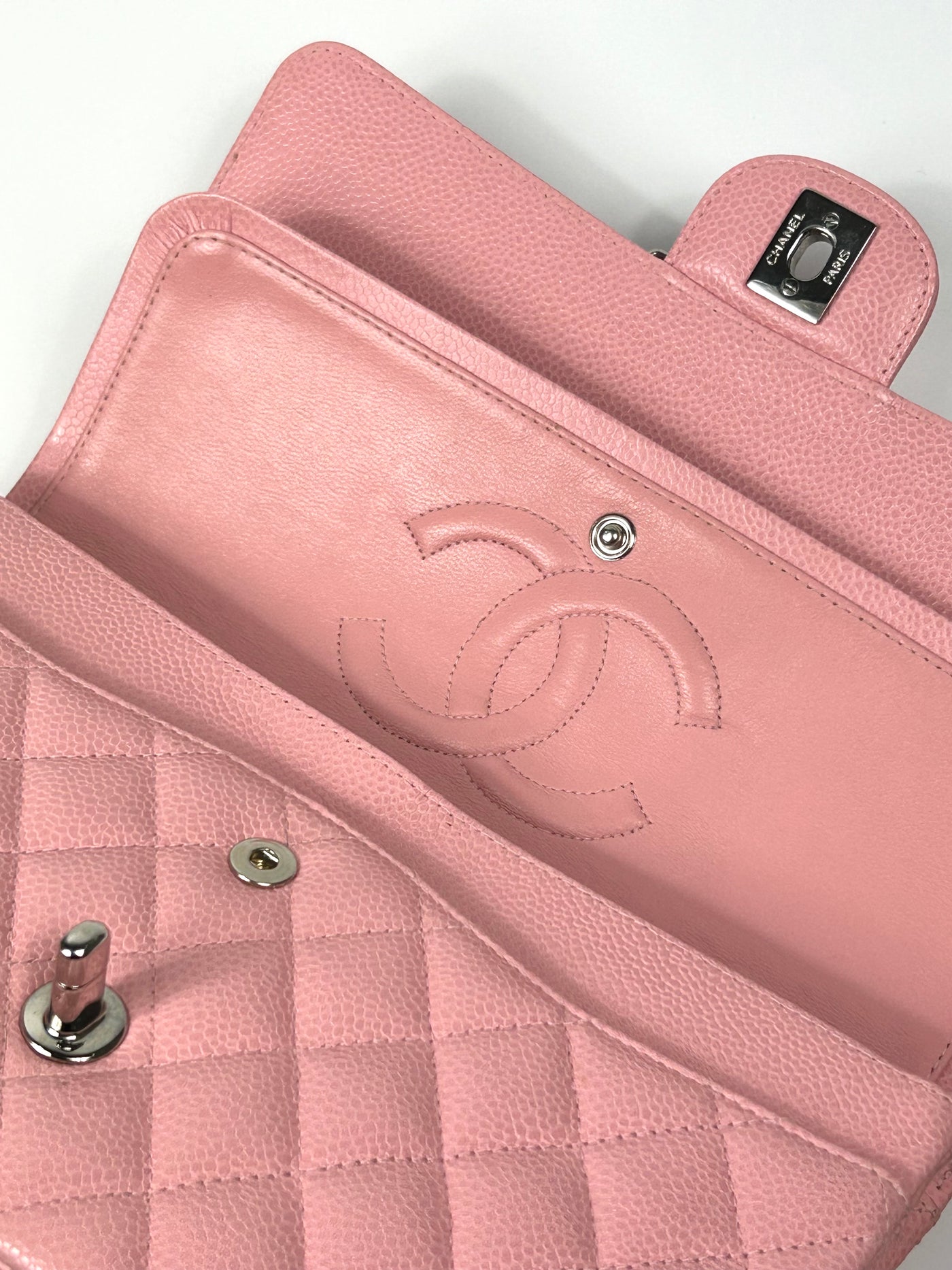 CHANEL Classic Medium Double Flap Sakura Pink Caviar with Silver Hardware