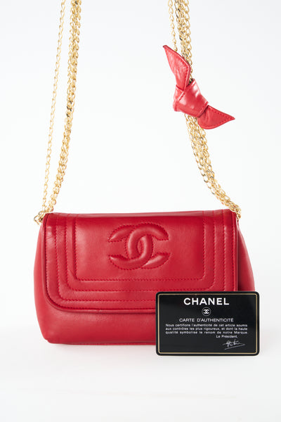 CHANEL red leather mini flap shoulder bag vintage 1986-1988