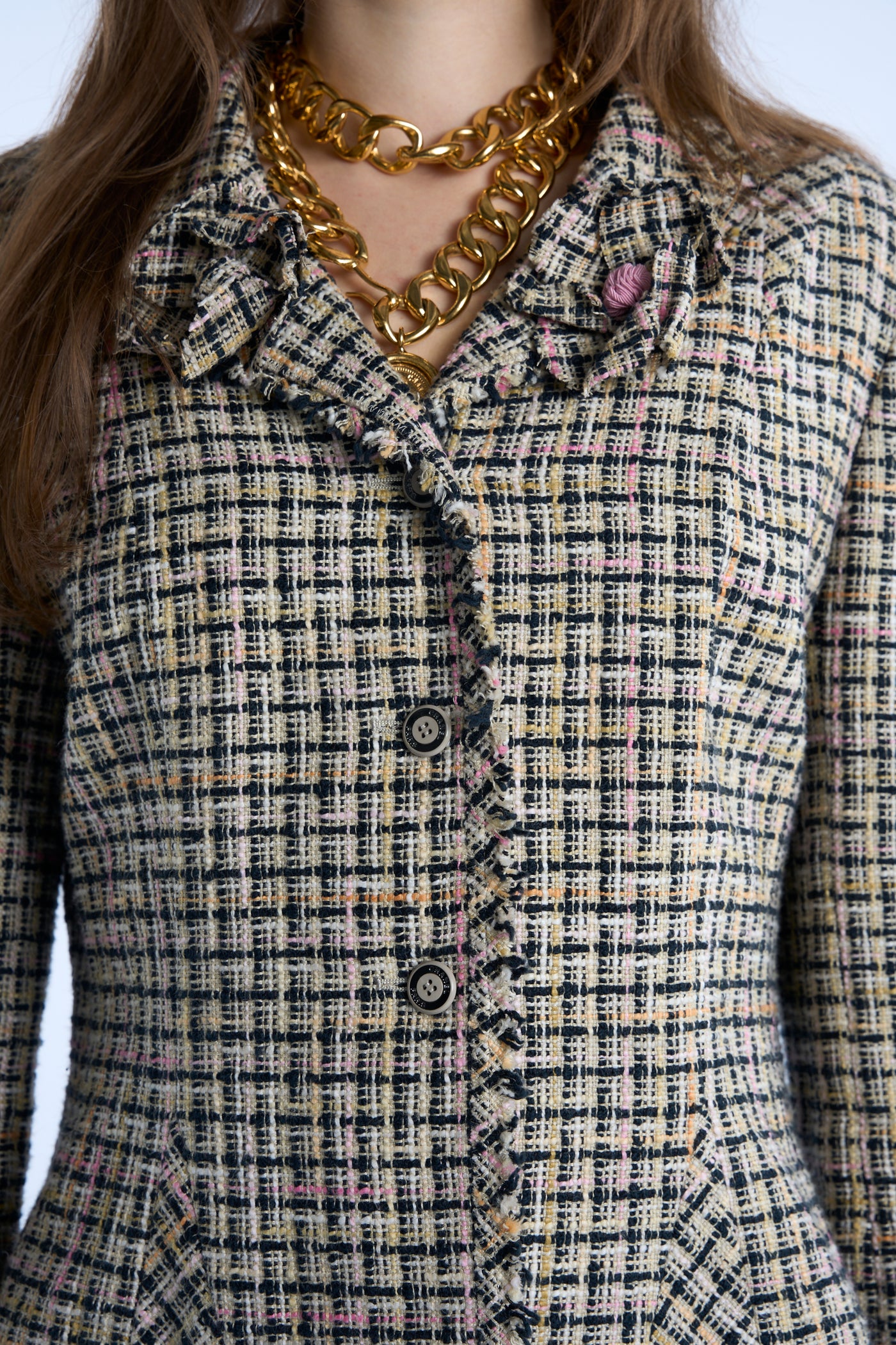 CHANEL tweed two camelia brooches jacket size 44