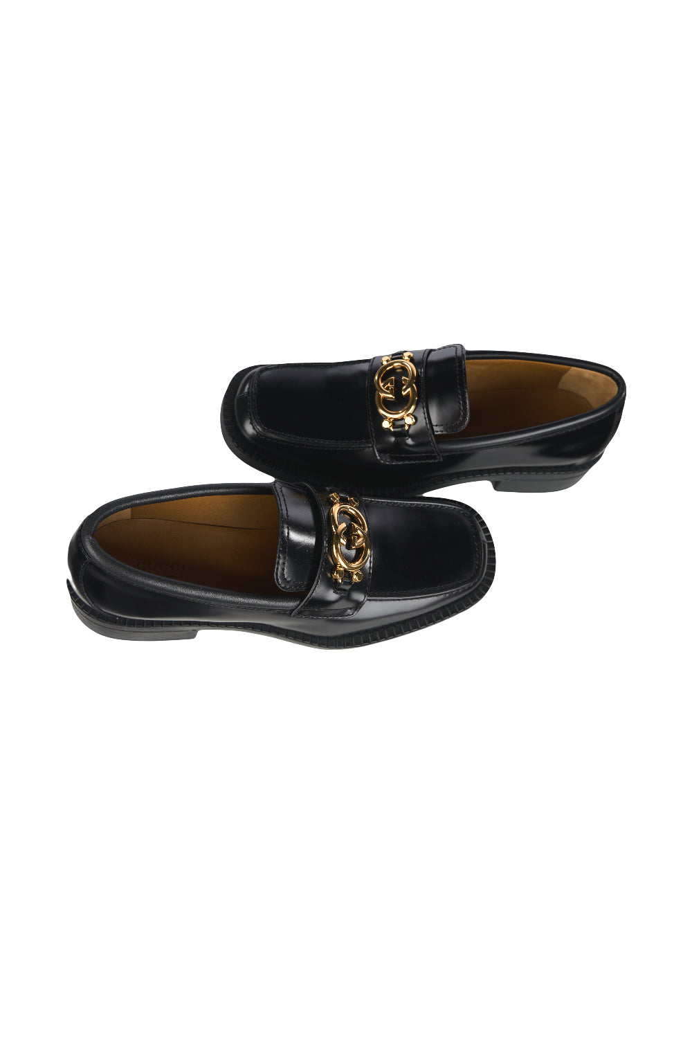 GUCCI black smooth leather loafers with gold GG buckle new in box size 41