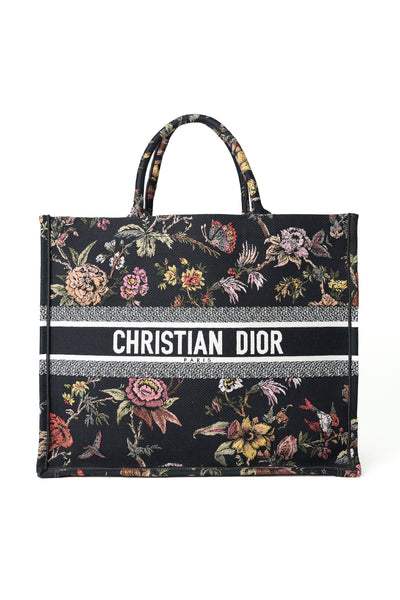 CHRISTIAN DIOR black canvas with floral embroidery large book tote