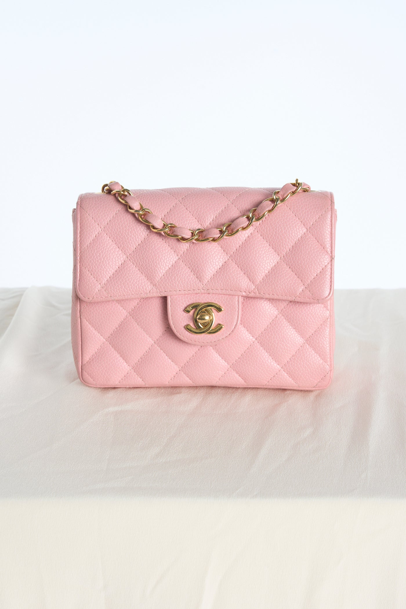 CHANEL rare mini square pink caviar with gold hardware collector piece