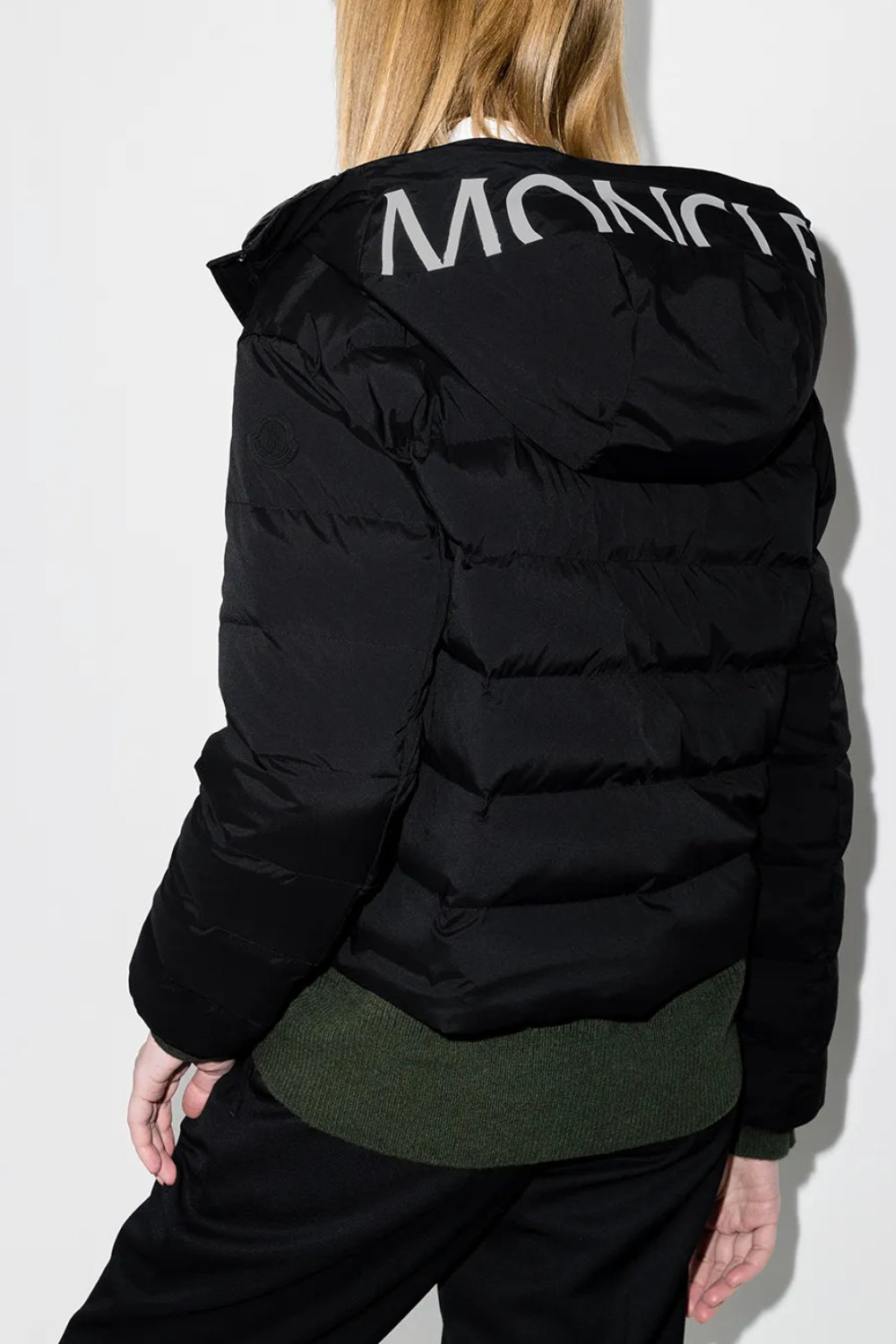 MONCLER Anwar Black Matte Pull Jacket with White Logo Print Hood