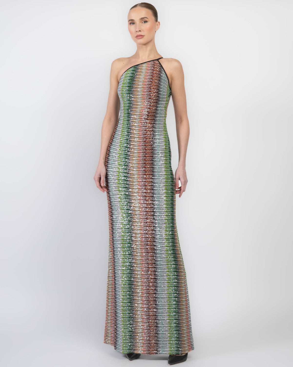 MISSONI Gradient Sequin Knit Zig Zag One Shoulder Dress Split Size 42it