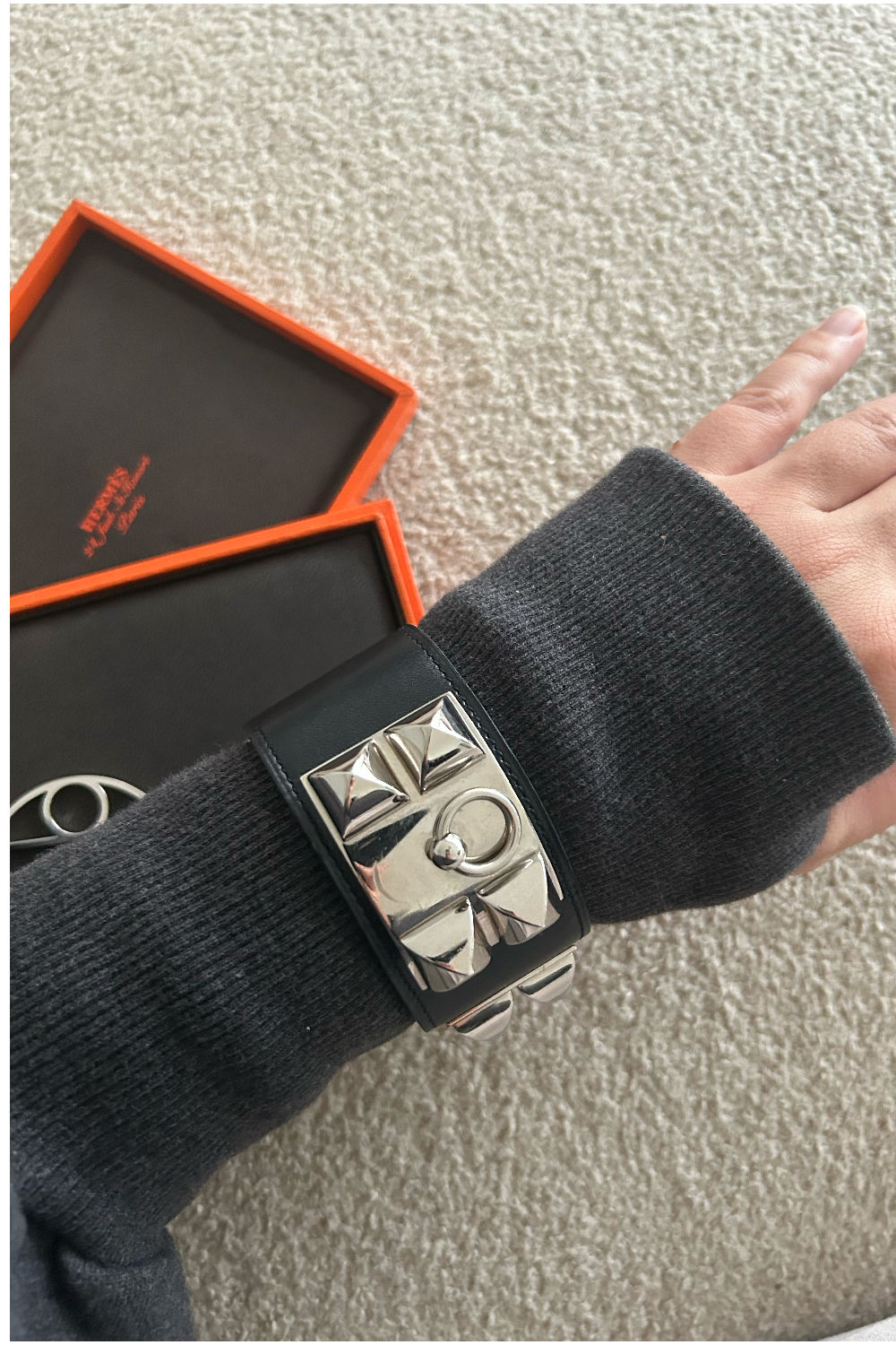 HERMES Collier De Chien cuff bracelet smooth leather silver hardware size S