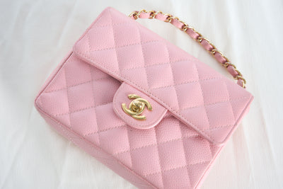 CHANEL rare mini square pink caviar with gold hardware collector piece