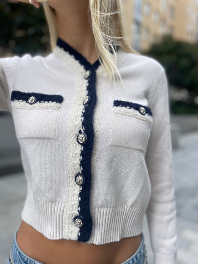 CHANEL Cashmere cardigan white and navy lion head size 34