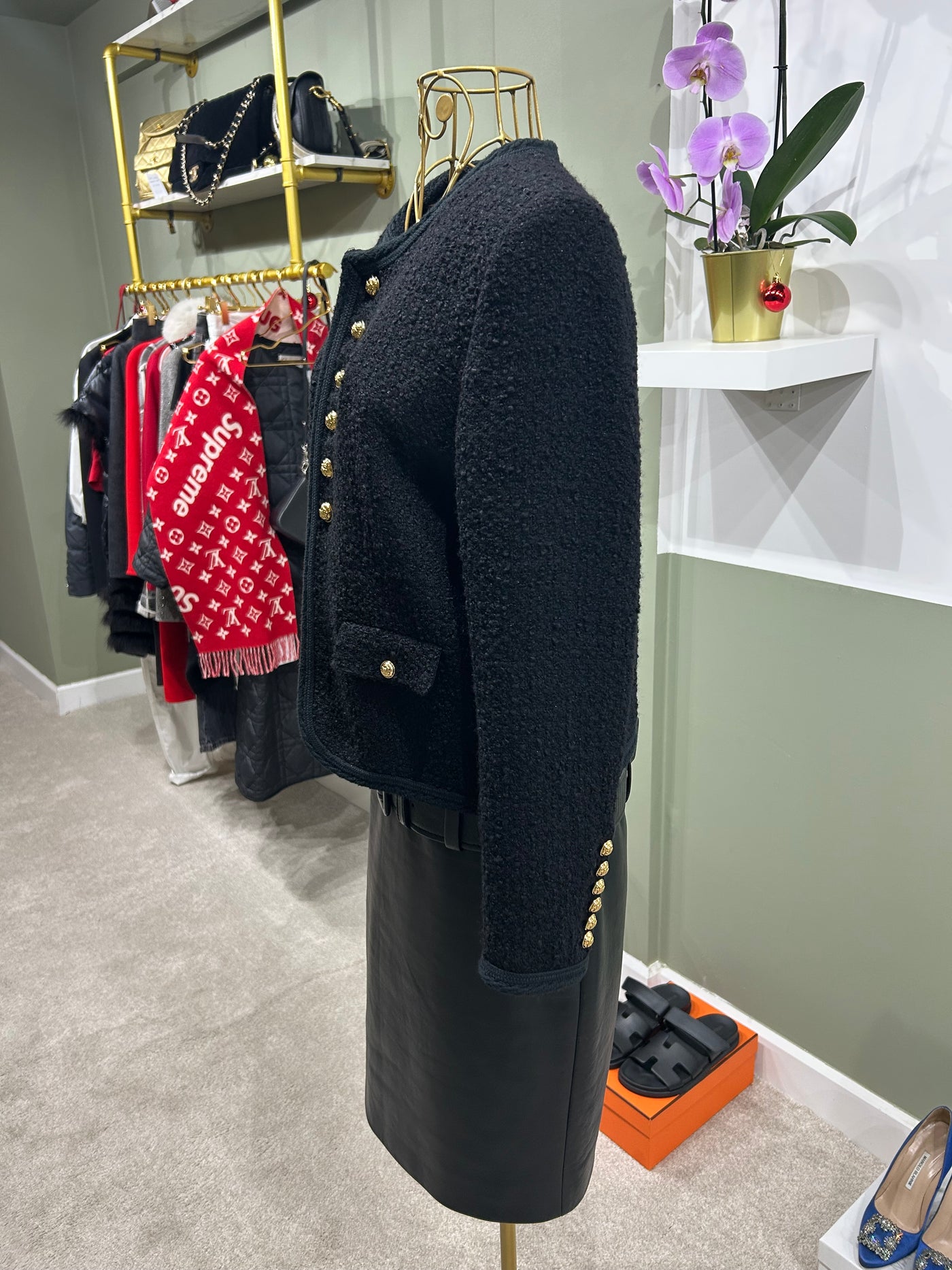 CELINE black chasseur jacket boucle with signature buttons size 40