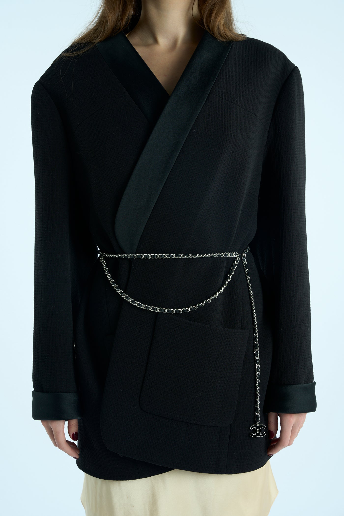 CHANEL black open blazer jacket with CC cuff links size 50