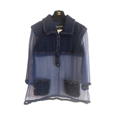 CHANEL Navy Sheer and Tweed top size 40