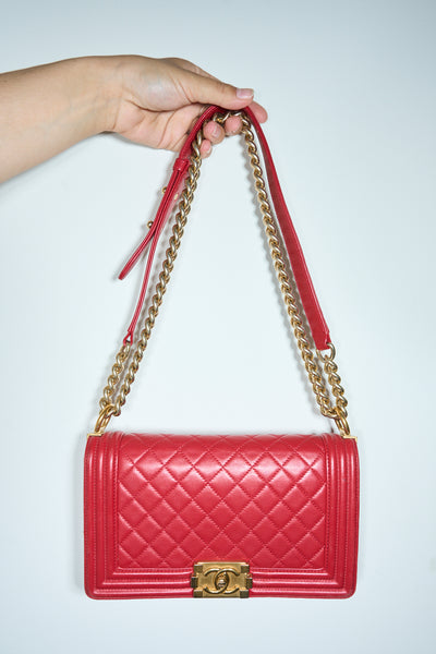 CHANEL red medium boy handbag with gold hardware