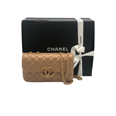 CHANEL Gold Bronze Double Flap handbag with box