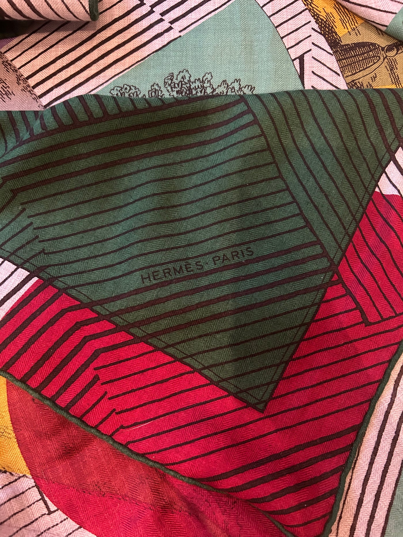 HERMÈS “Jeu de dames et Omnibus” cashmere silk shawl 140cm