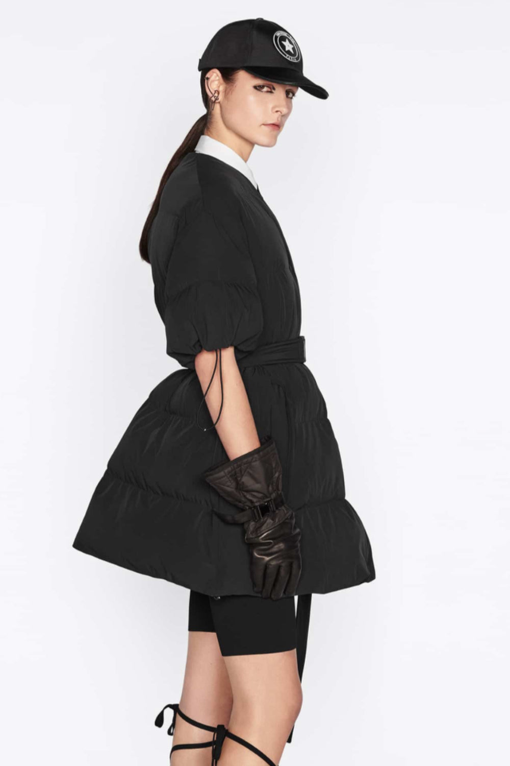 CHRISTIAN DIOR Black Matte Puffer Drawstring Belted White Star Logo Jacket Oversized size s