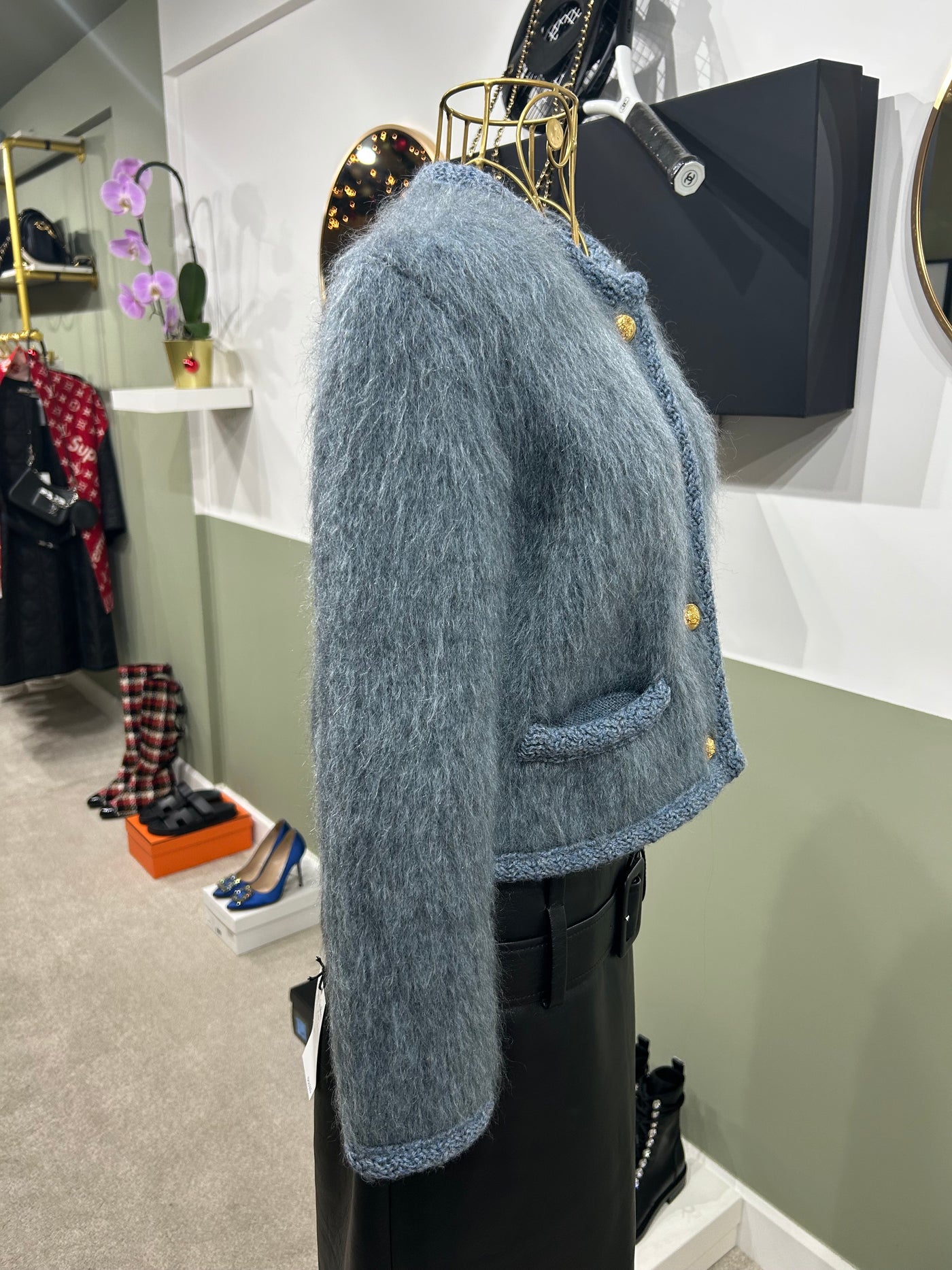 CELINE blue brushed mohair cardi jacket size XS