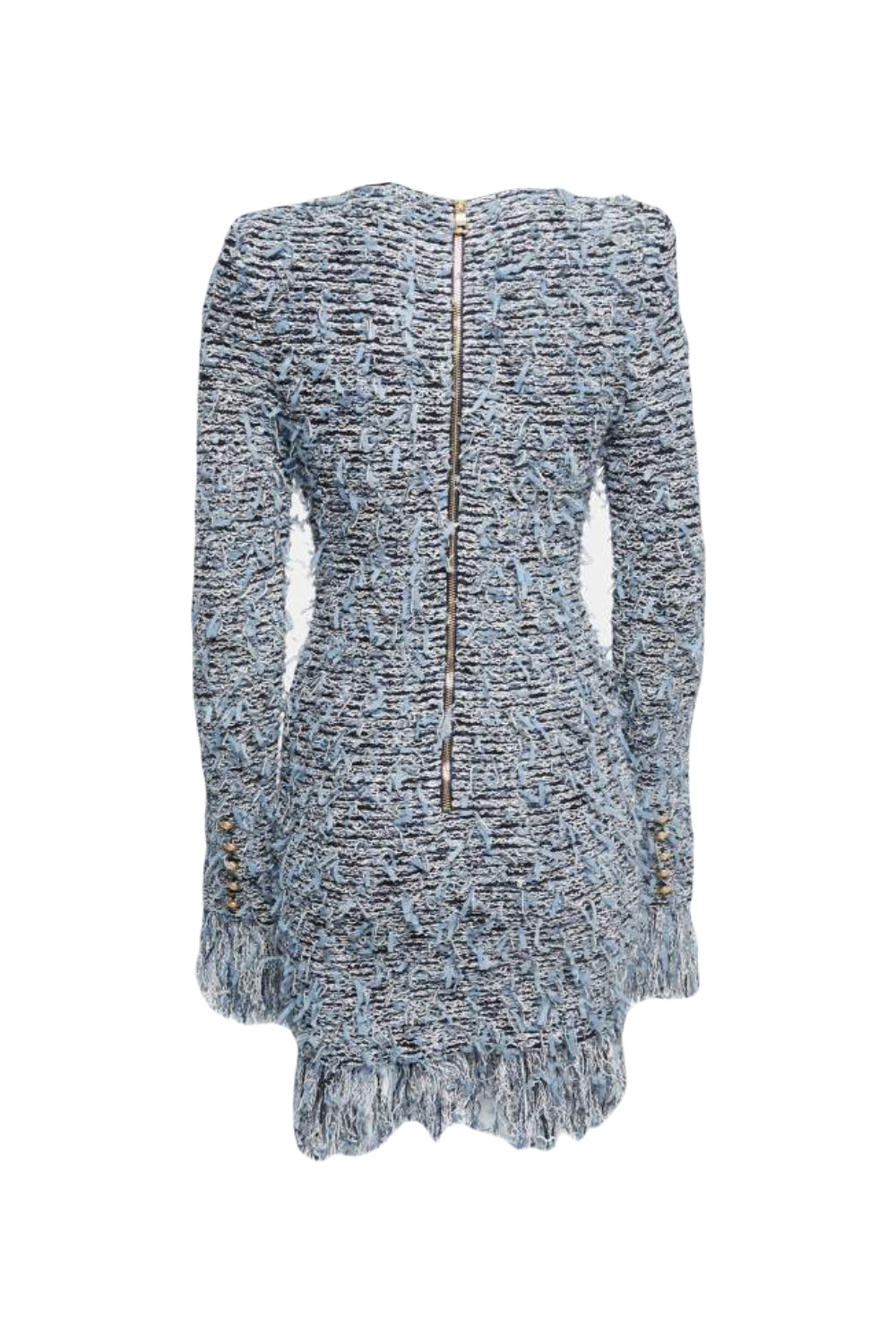 BALMAIN blue fringes mini dress with gold lion head buttons size 36