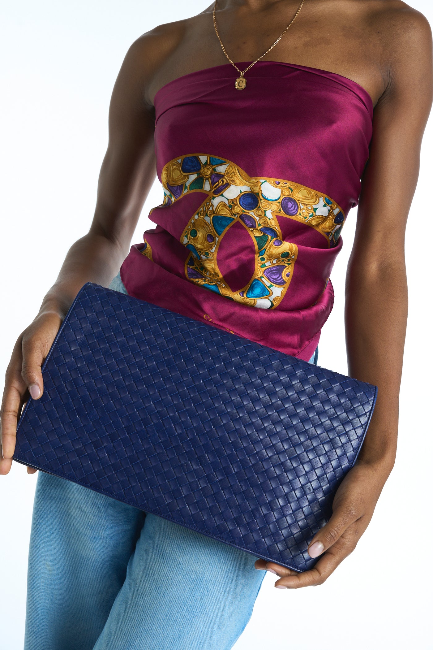 BOTTEGA VENETA blue intercciato nappa leather large clutch