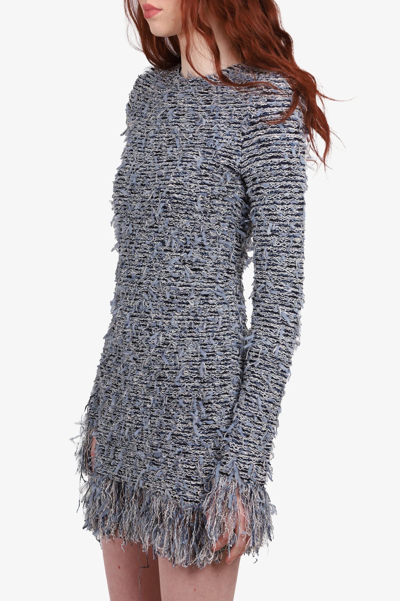 BALMAIN blue fringes mini dress with gold lion head buttons size 36