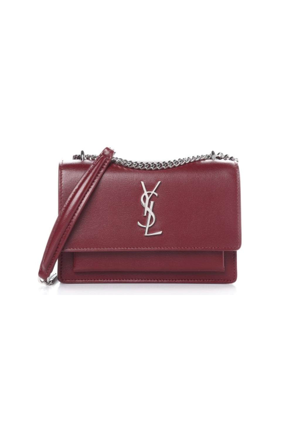 SAINT LAURENT bordeaux small sunset handbag with silver chain hardware