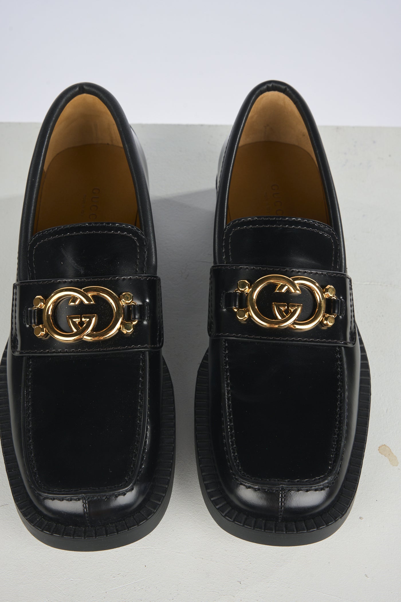 GUCCI black smooth leather loafers with gold GG buckle new in box size 41