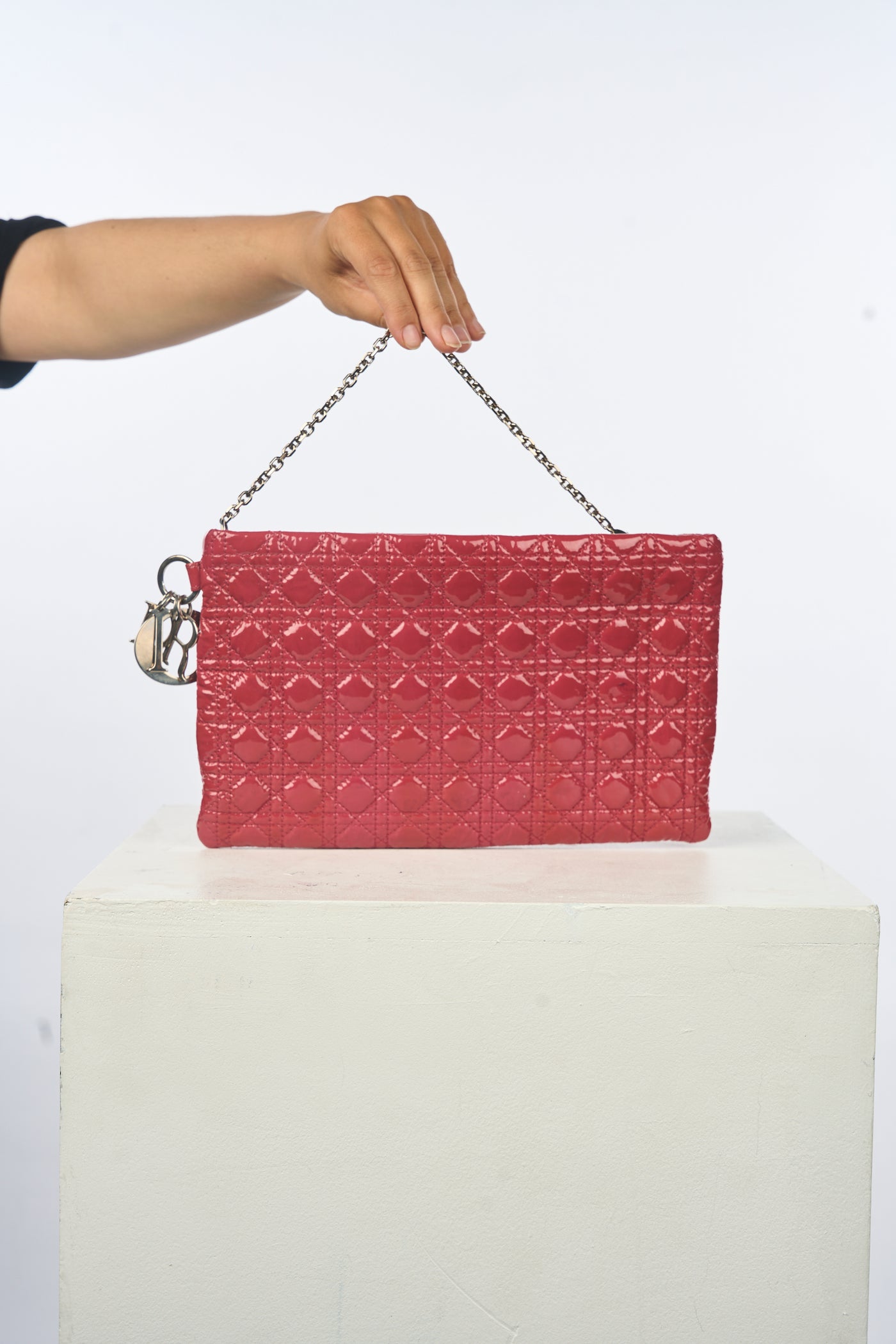 Christian DIOR raspberry patent cannage clutch with silver chain