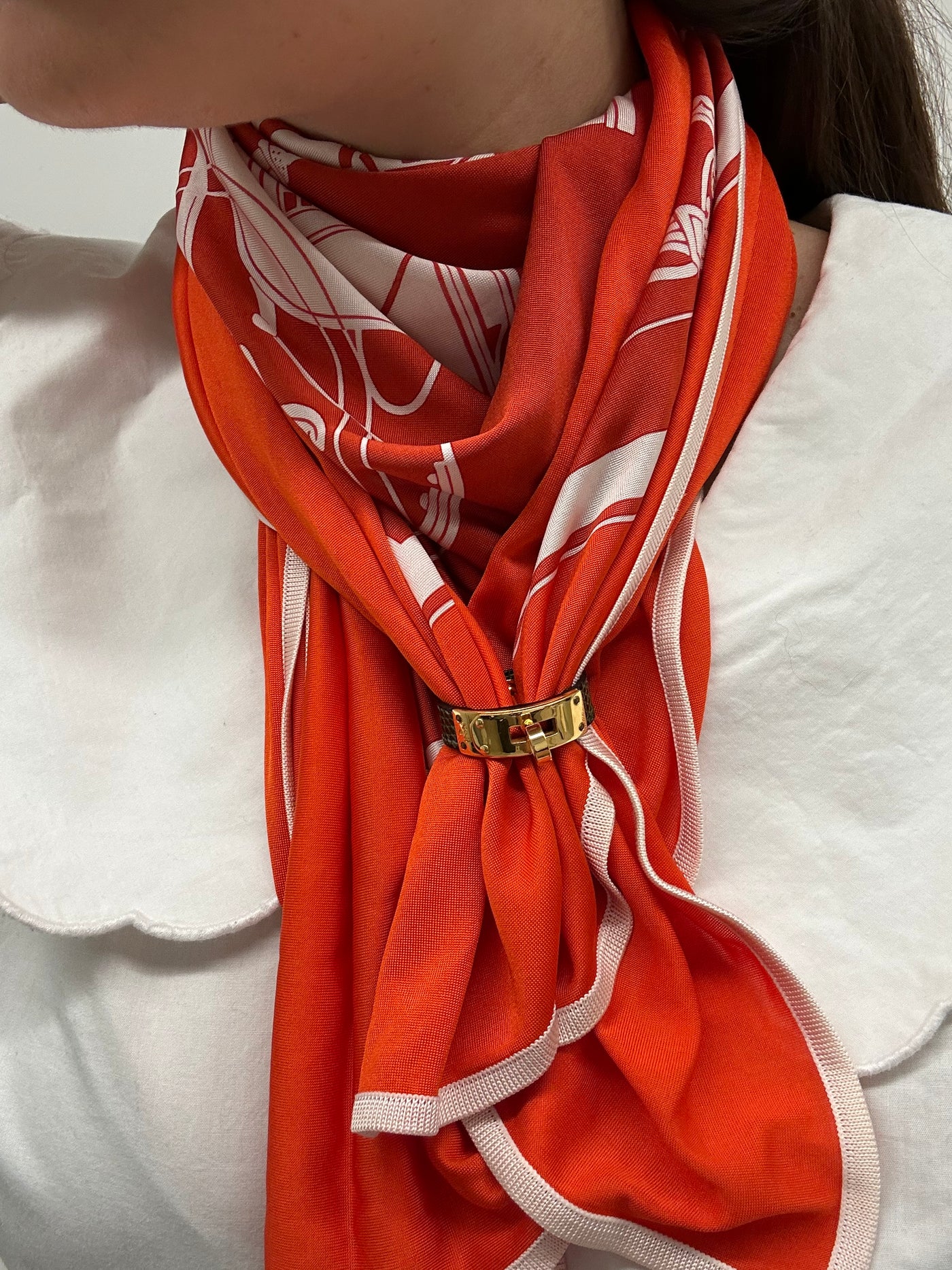 HERMES Ring Scarf Green Lizard Exotic Skin Gold Hardware with box