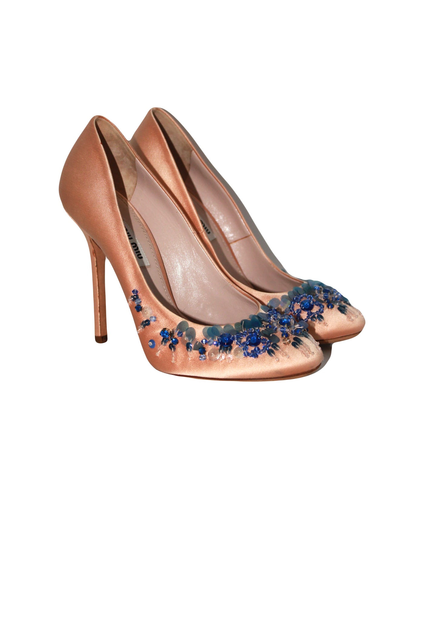 MIU MIU pink satin heels with blue beads size 38