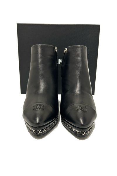 CHANEL Black Smooth Leather Boots Heels Silver Chain Trim with CC Logo Cap Toe with box size 41.5size