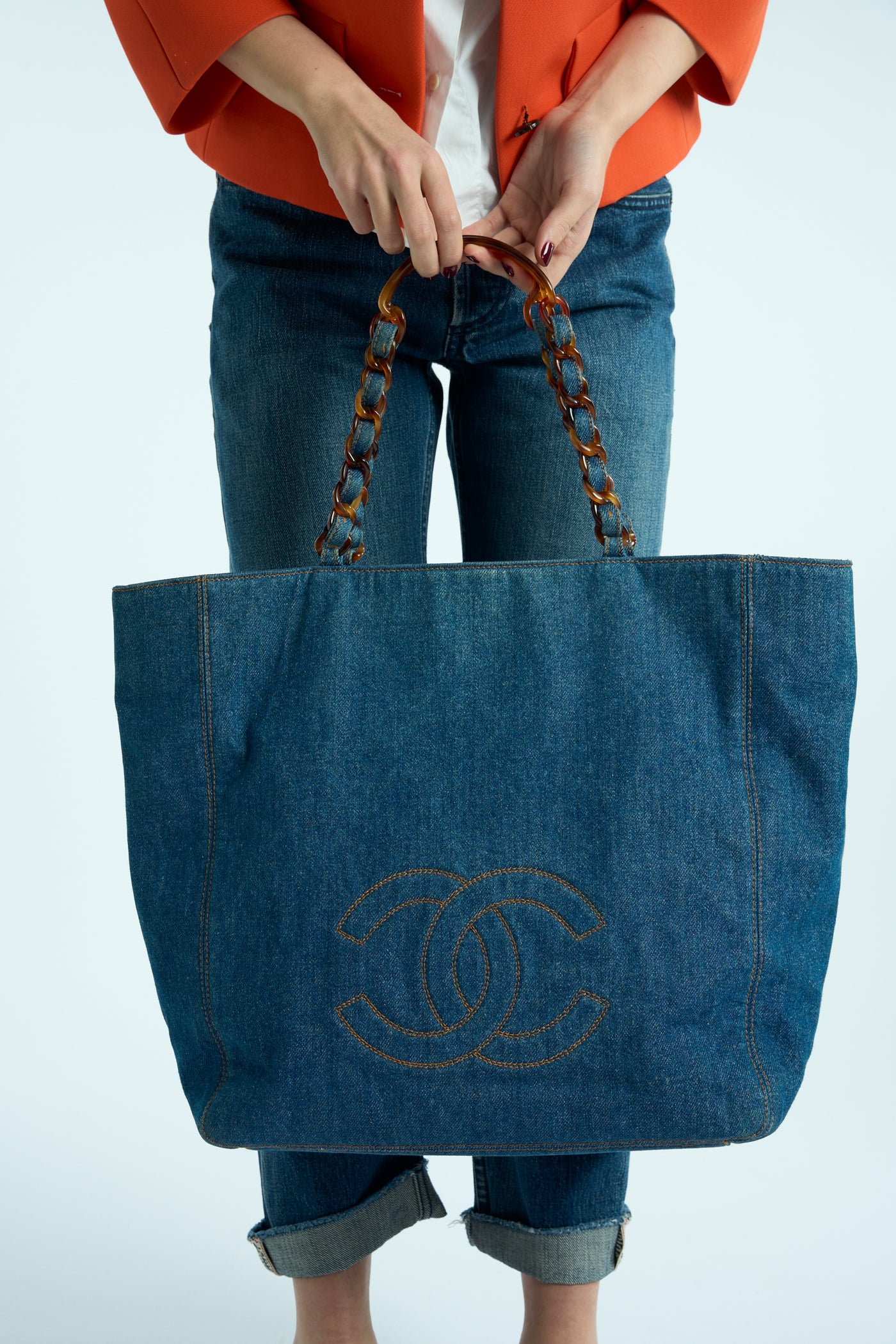 CHANEL rare large blue denim tortoiseshell bakelite tote handbag