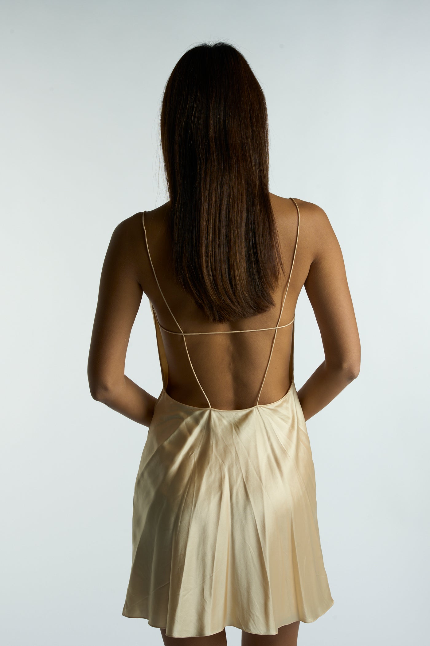 SAINT LAURENT champagne slip dress with open back RRP: $2390