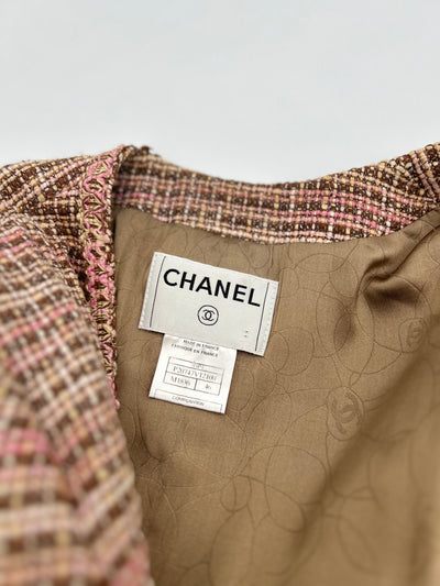 CHANEL tweed pink yellow brown spring jacket size 46