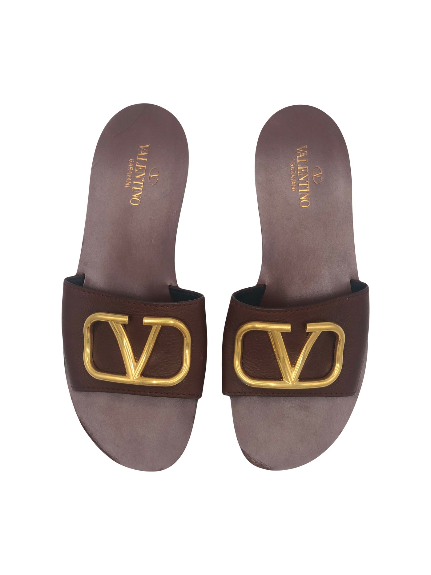 VALENTINO Brown leather flats with gold “V” size 37.5