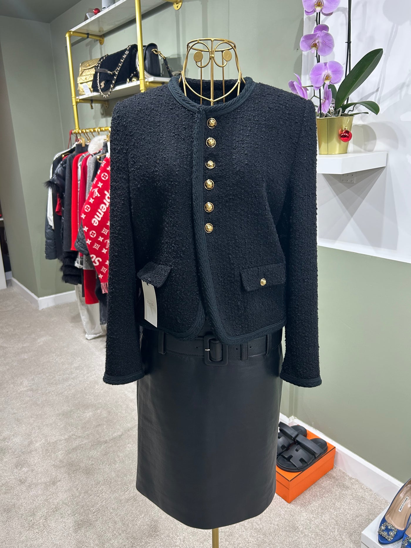 CELINE black chasseur jacket boucle with signature buttons size 40