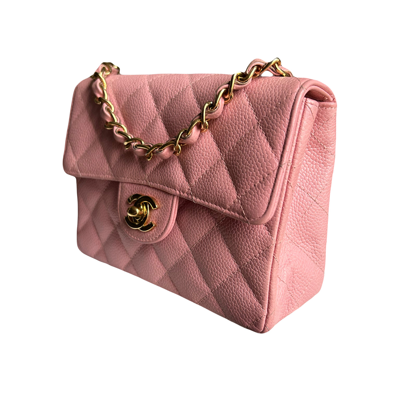 CHANEL rare mini square pink caviar with gold hardware collector piece