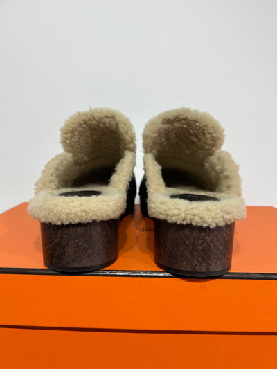 HERMES Carlotta shearling clogs palladium plated Kelly turnlock size 39 with box