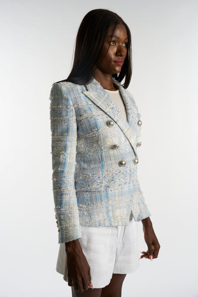 BALMAIN baby blue white tweed embellished blazer size 38 RRP: £2500