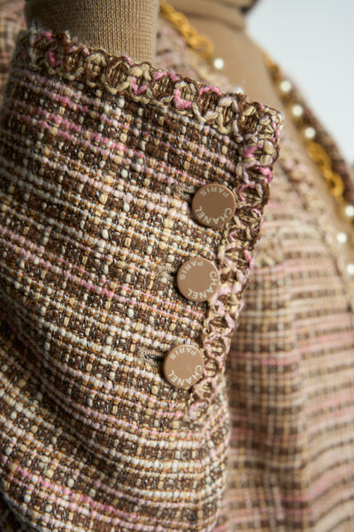 CHANEL tweed pink yellow brown spring jacket size 46