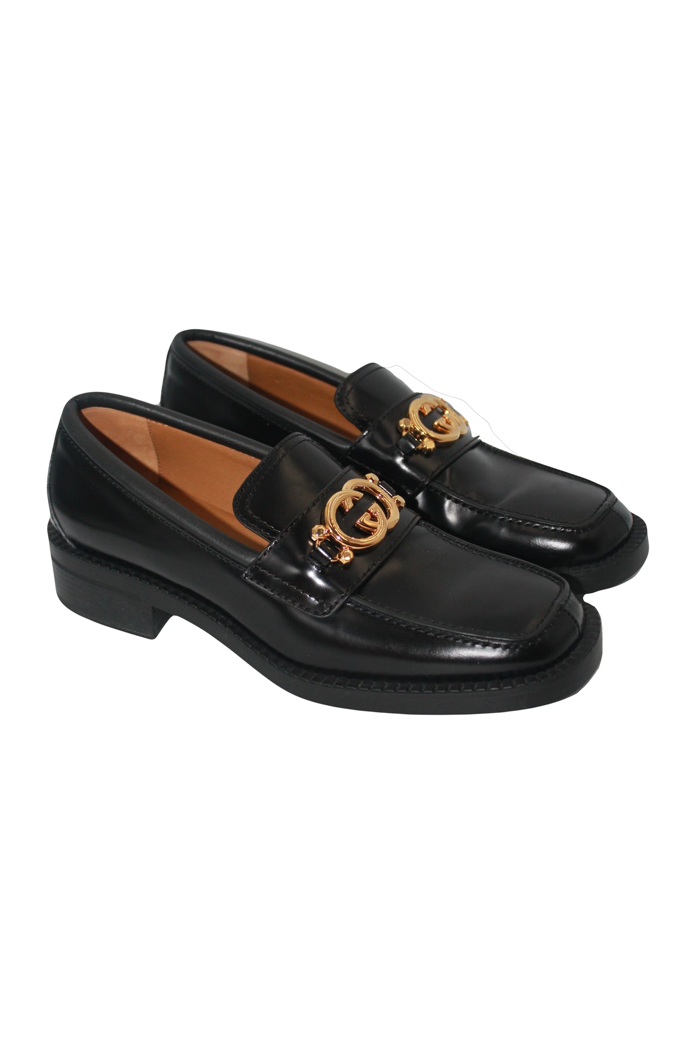 GUCCI black smooth leather loafers with gold GG buckle new in box size 41