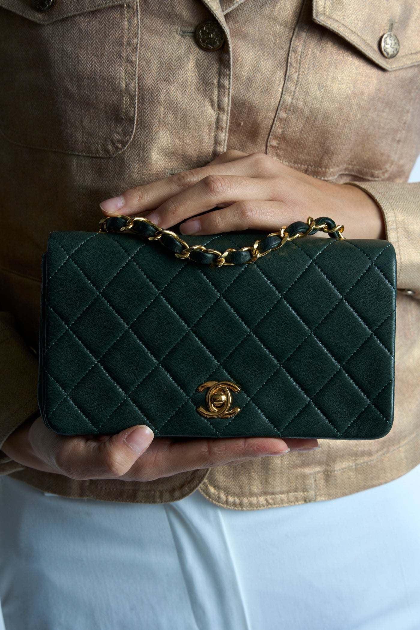 CHANEL rare mini full flap british green 24 ct gold hardware