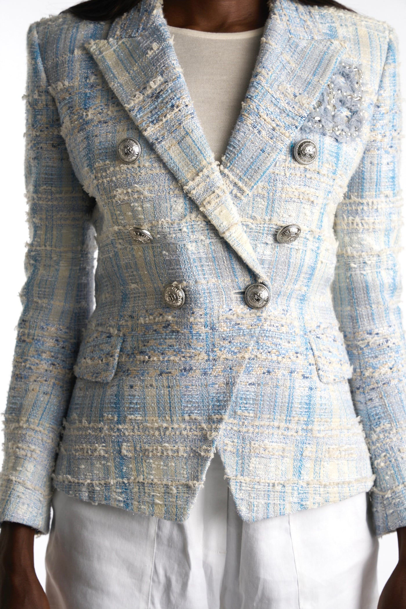 BALMAIN baby blue white tweed embellished blazer size 38 RRP: £2500