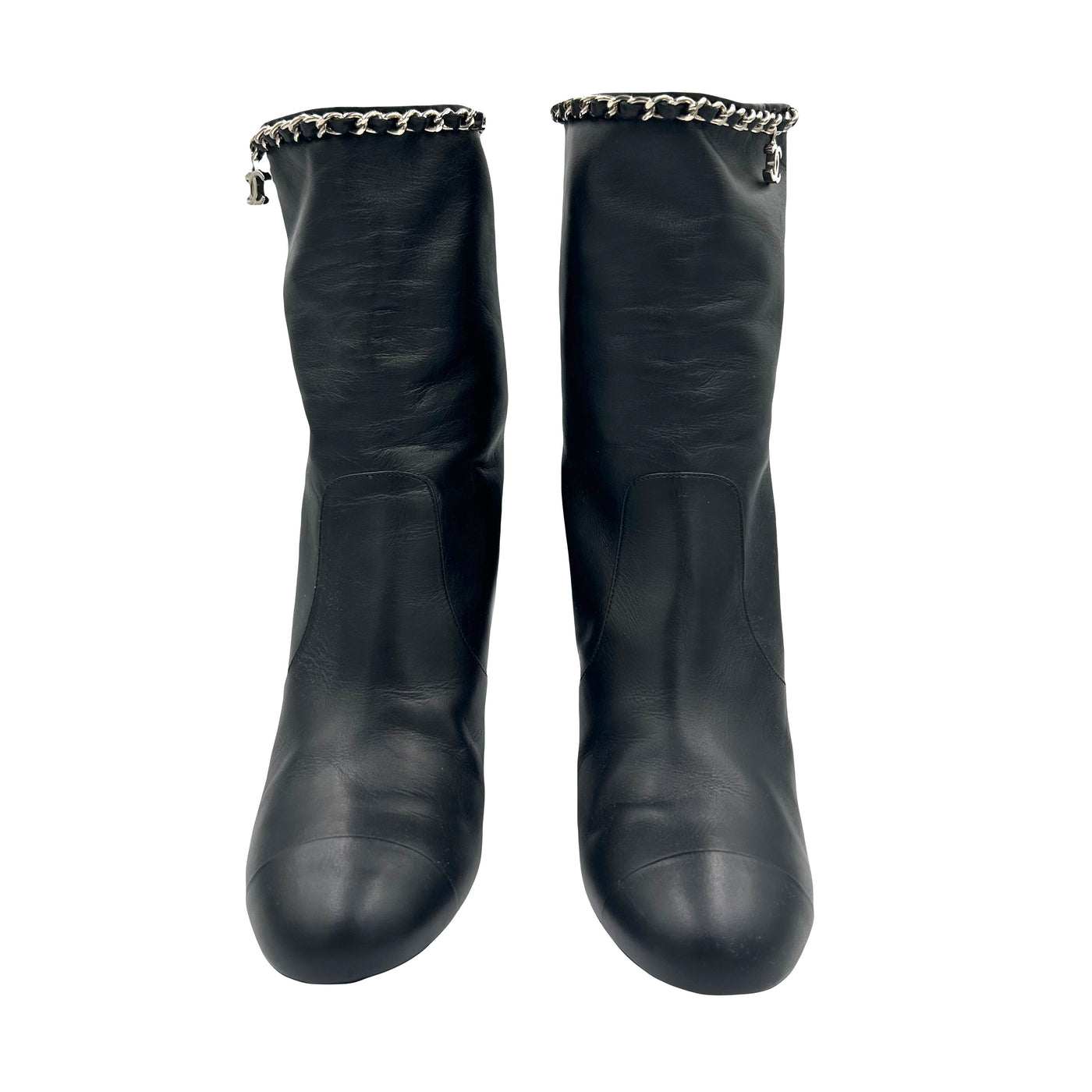 CHANEL black smooth leather boots with CC silver chain size 37.5