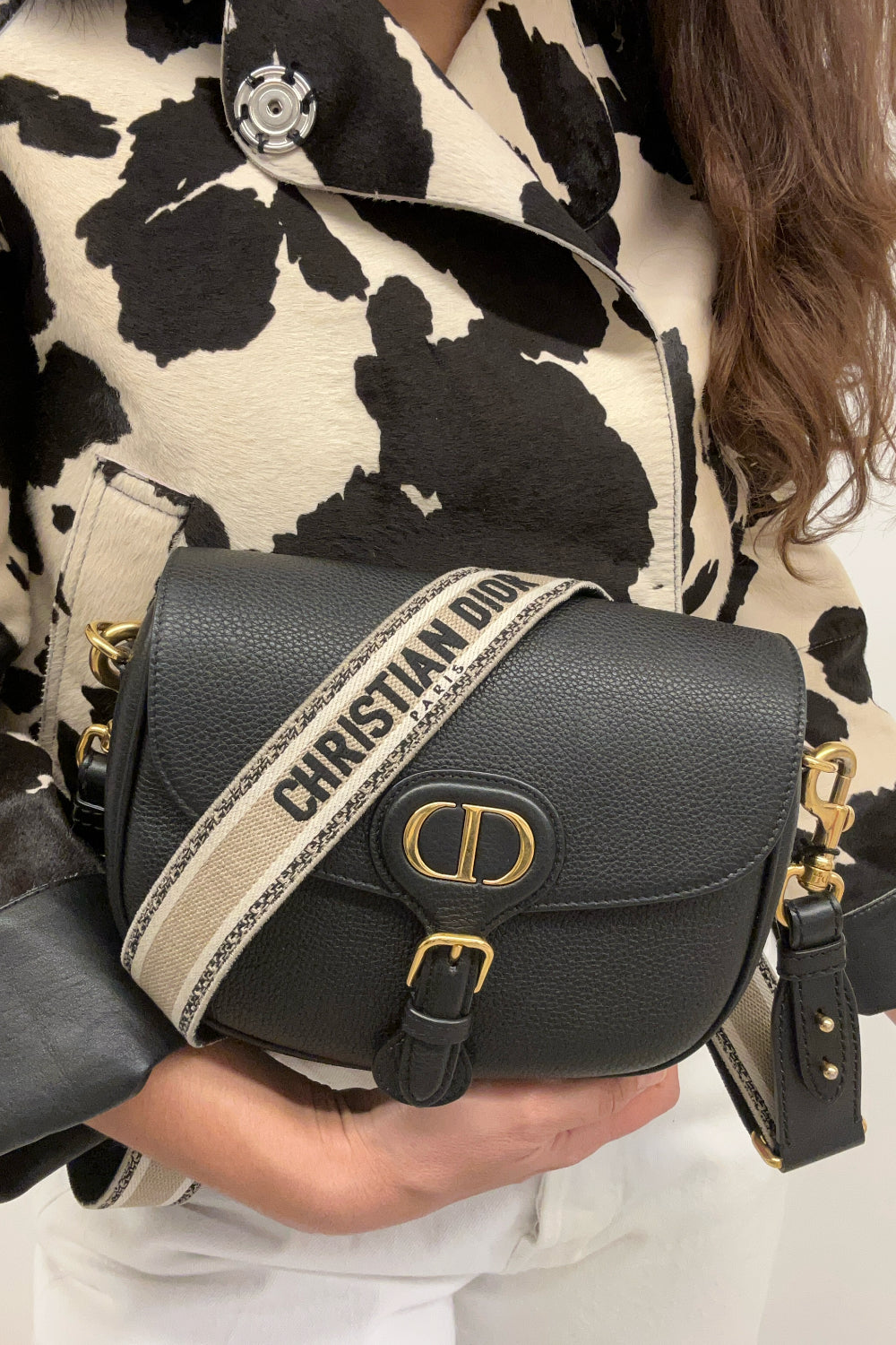 CHRISTIAN DIOR Medium Bobby Leather Handbag with Canvas Strap