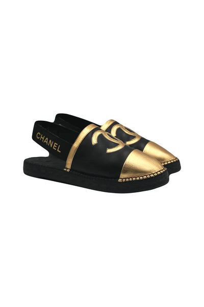 CHANEL 2019 black and gold sling back espadrilles size 40 new full set
