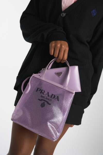 PRADA lavender logo sequined tote bag with leather pouch