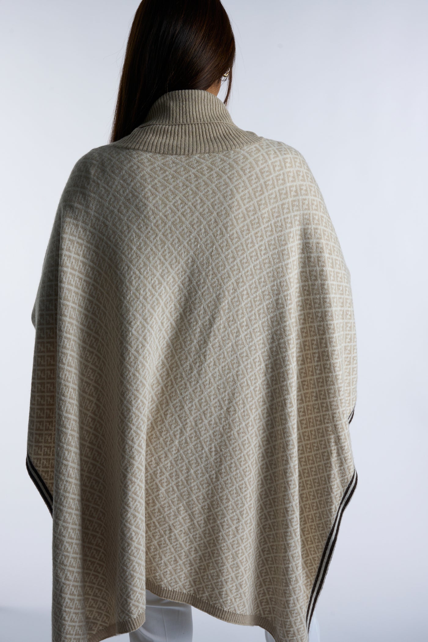 FENDI FF zucca print beige and cream wool cashmere roll neck poncho