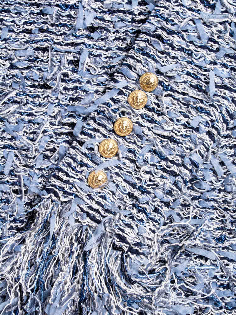 BALMAIN blue fringes mini dress with gold lion head buttons size 36