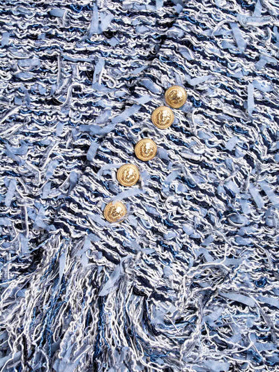 BALMAIN blue fringes mini dress with gold lion head buttons size 36