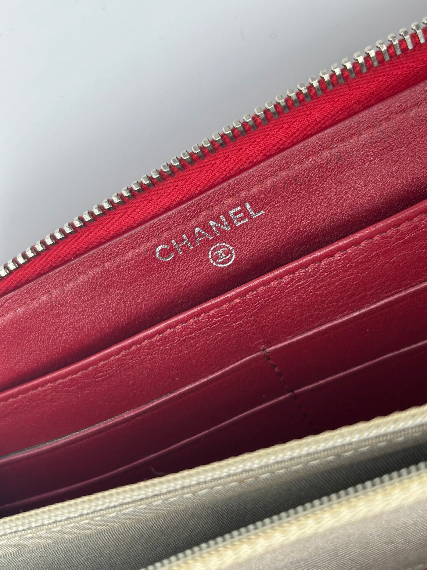 CHANEL patent red zipper wallet